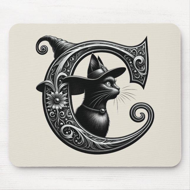 Mousepad Black Cat Witchy - Letra C Personalizada Inicial (Frente)