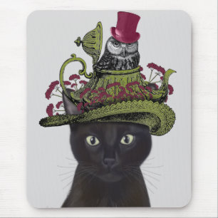 Mousepad Black Cat with Teapot and Owl