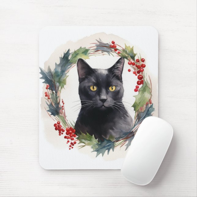 Mousepad Black Cat Wreath Festivo Kitten (Com mouse)