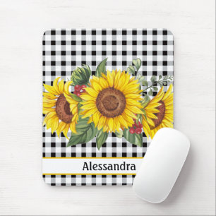Mousepad Black Gingham Sunflower Personalizado