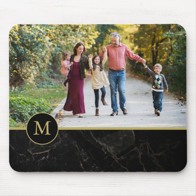 Mousepad Black Marble Tan Monogram Family Photo (Frente)
