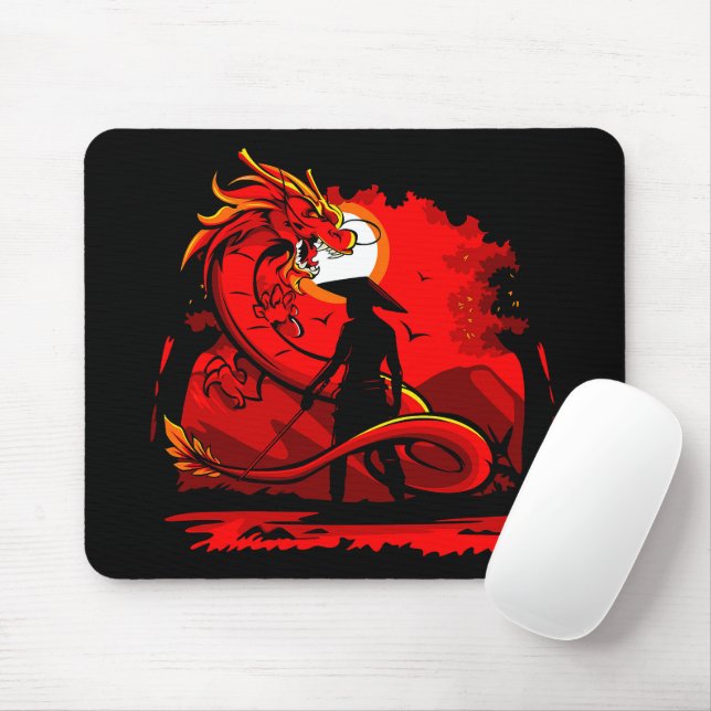 Mousepad Black Samurai Red Dragon - Trabalho de arte do est (Com mouse)