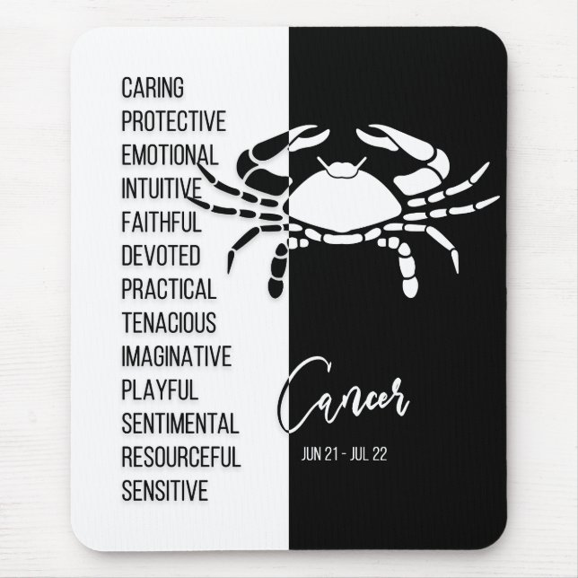 Mousepad Bloco de sinais Zodiac do cancer, preto e branco (Frente)