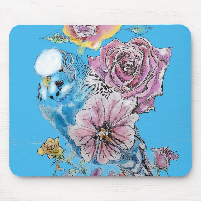 Mousepad Blue Budget Budgerigar Rosa Watercolor Arte floral (Frente)
