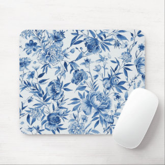 Mousepad Blue Chinoiserie Watercolor Floral Botanical