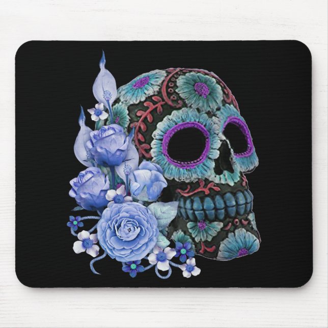 Mousepad Blue Floral Black Sugar Skull Day Of The Dead (Frente)