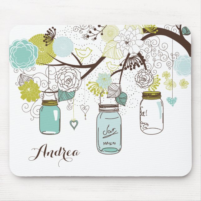Mousepad Blue Hanging Mason jars Floral Personalizado (Frente)