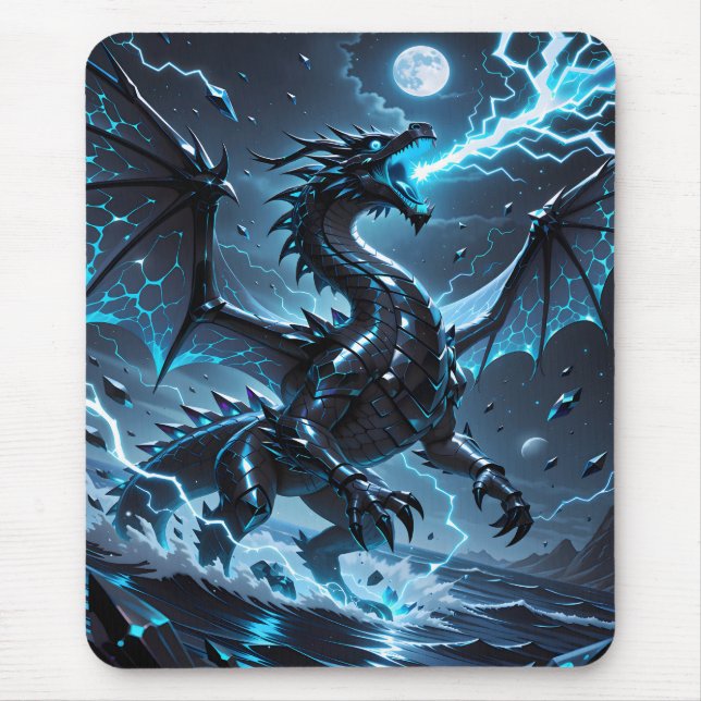 Mousepad Blue Lightning Black Dragon Storm Fantasy Gaming (Frente)