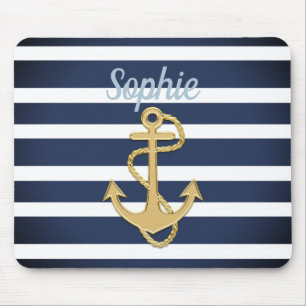 Mousepad Blue Stripes & Gold Anchor Nautical
