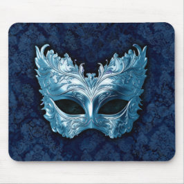 Mousepad Blue Venetian Mask on Blue Damask Background