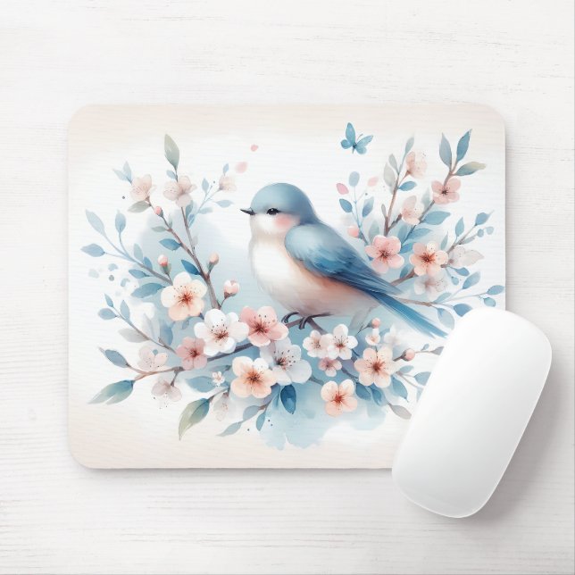 Mousepad Bluebird Blossom Aquarela Serenidade (Com mouse)