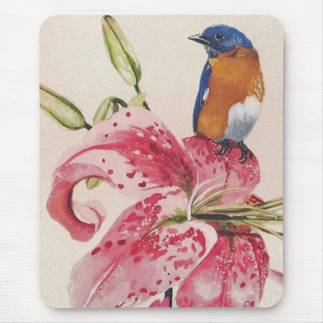 Mousepad bluebird bonito em um lírio do stargazer (Frente)