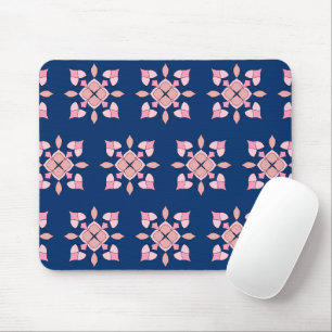 Mousepad Blush Rosa e Azulejos Florais Geométricos Navy