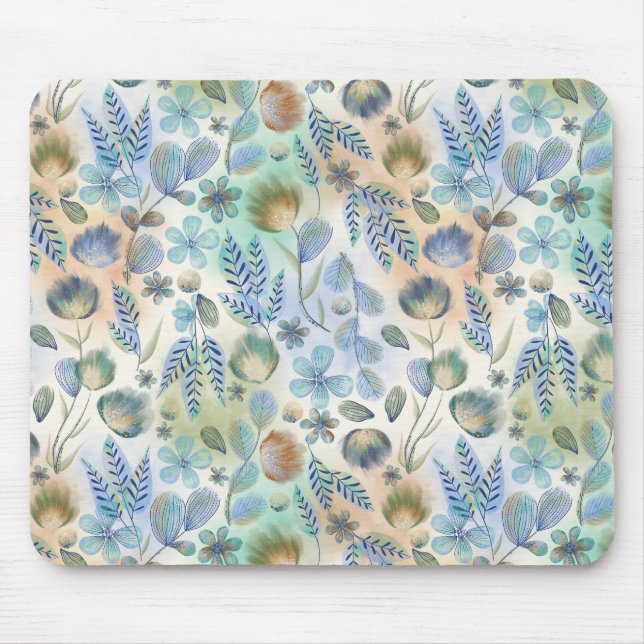 Mousepad Boho Azul Verde Floral Botânico Caprichoso   (Frente)