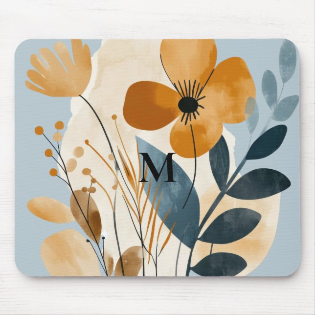 Mousepad Boho Botânico Floral Aquarela Azul Pêssego (Frente)