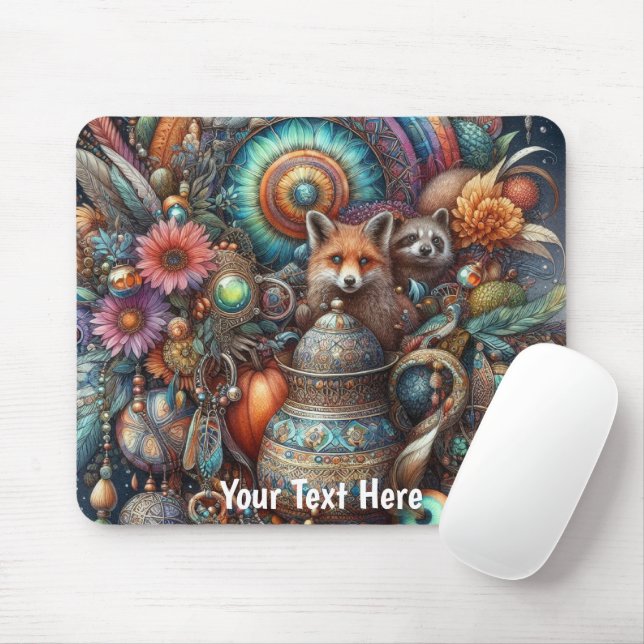 Mousepad Boho Fox Raccoon Floral Design (Com mouse)