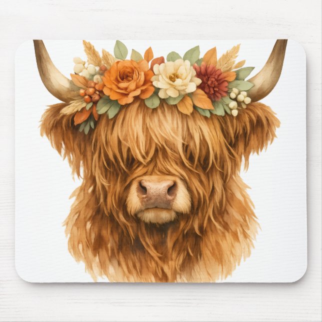 Mousepad Boho Highland Cow Almofada de Arremesso com Coroa  (Frente)