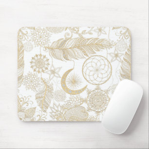 Mousepad Boho White Dourado Floral Feather Dreamcatcher