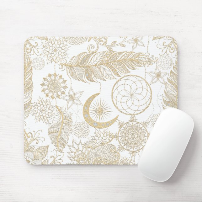 Mousepad Boho White Dourado Floral Feather Dreamcatcher (Com mouse)