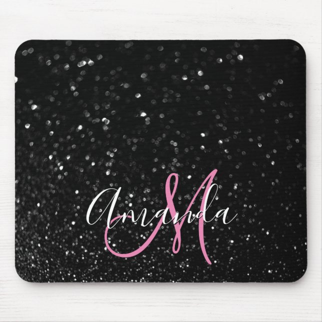 Mousepad Bokeh Preto Brilho Rosa e Branco Monograma (Frente)