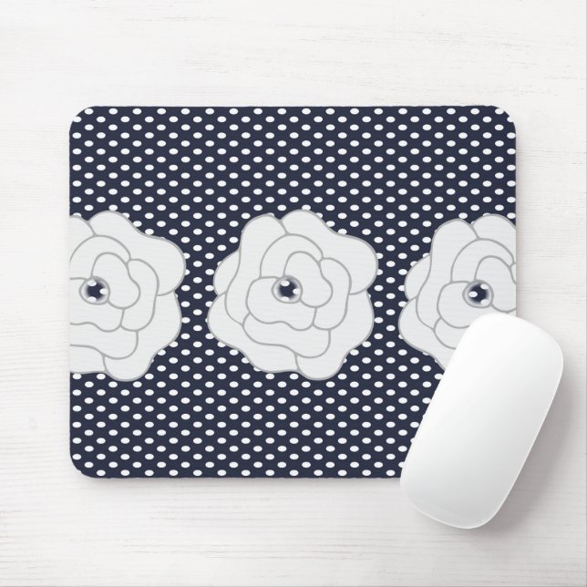 Mousepad Bolinhas azul marinho e grandes flores brancas (Com mouse)