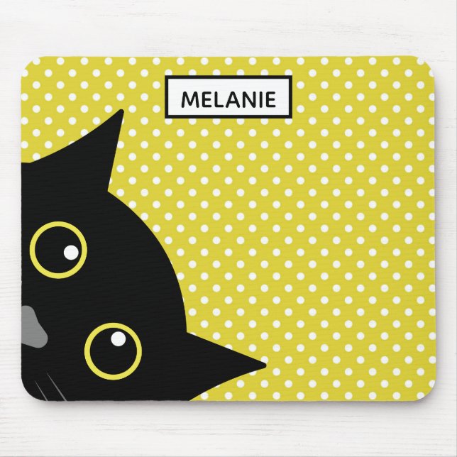 Mousepad Bolinhas curiosas do amarelo do gato preto (Frente)