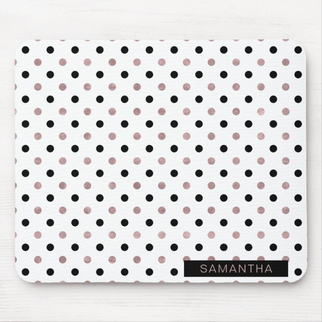 Mousepad Bolinhas Douradas pretas e Rosa num fundo branco (Frente)