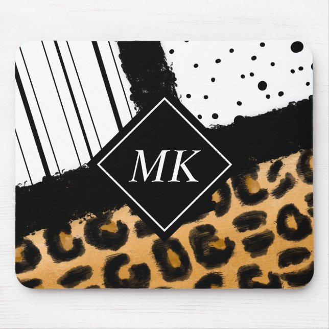 Mousepad Bolinhas-leopardo e  brancas e pretas monogramas (Frente)