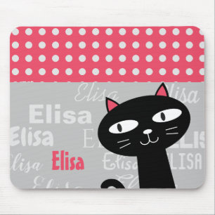 Mousepad Bolinhas Rosa Gato Preto-Grito Adicionam Seu Nome