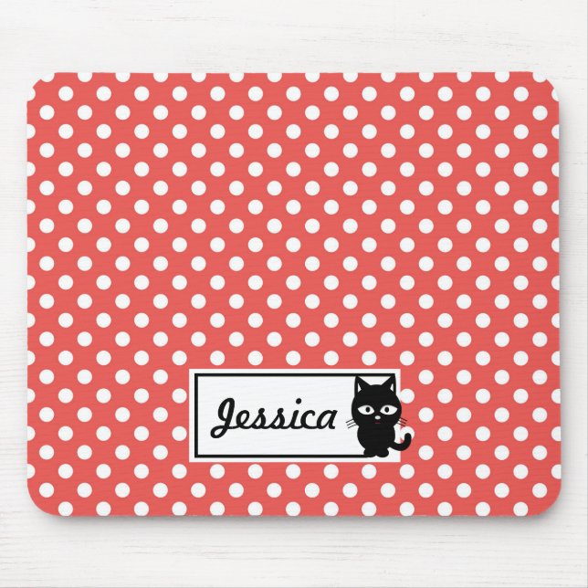 Mousepad Bolinhas Vermelha e Gato Preto Personalizado (Frente)