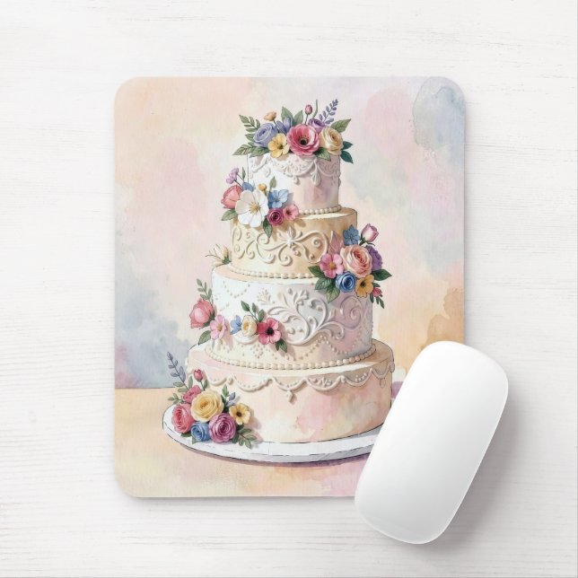 Mousepad Bolo de Casamento Elegante com Flores de Rosa (Com mouse)