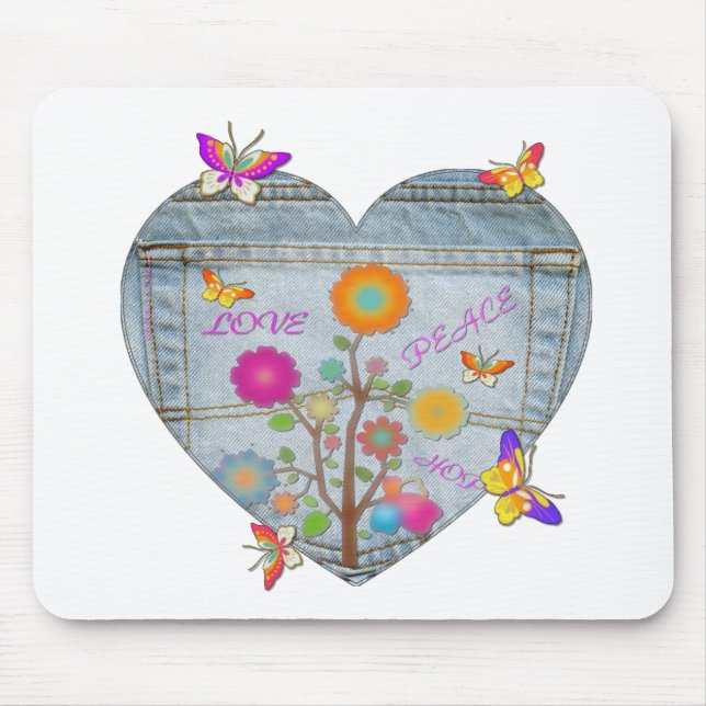 Mousepad Bolsos de Jeans Coração Flores Borboletas (Frente)
