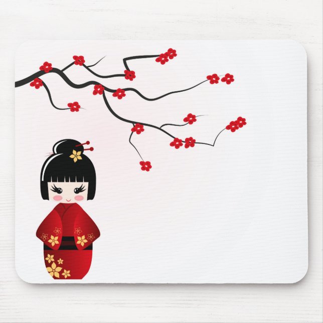 Mousepad Boneca de Kokeshi sob o ramo de sakura (Frente)