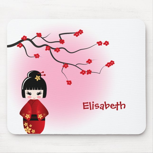 Mousepad Boneca kokeshi japonesa em sakura floresce (Frente)