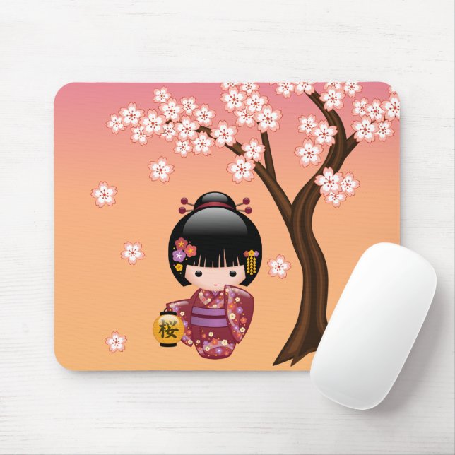Mousepad Boneca Sakura Kokeshi - Garota Geisha em Pêssego (Com mouse)