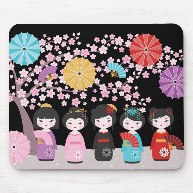 Mousepad Bonecas Kokeshi japonesas Black (Frente)