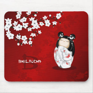 Mousepad Bonecas Kokeshi Red Black White Cherry Blossoms