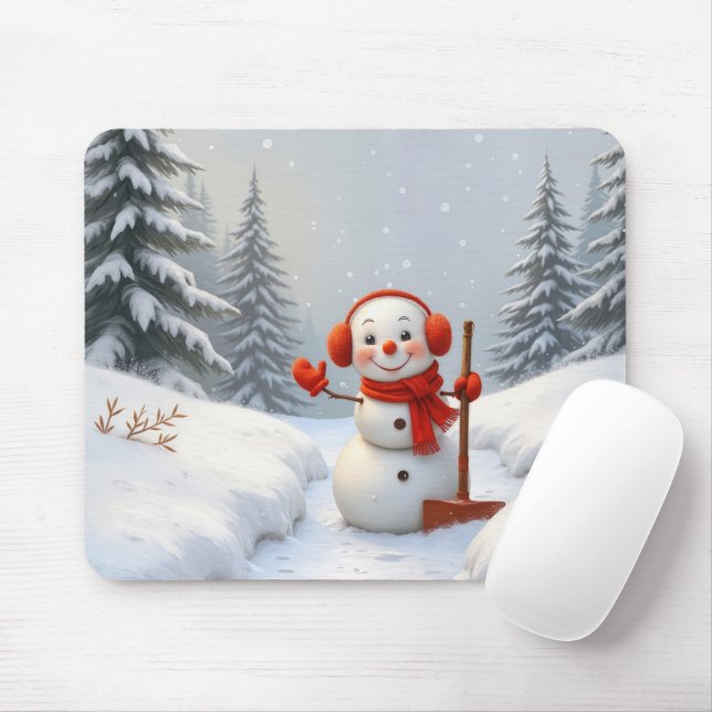 Mousepad Boneco de Neve Acenando Com uma Pá Vermelha (Com mouse)