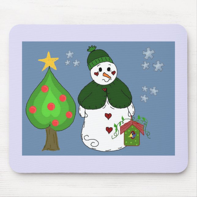 Mousepad Boneco de Neve Caprichoso Com Casa de Pássaro (Frente)