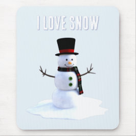 Mousepad Boneco de neve com chapéu e cachecol. Eu Amo Neve