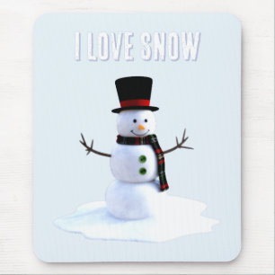 Mousepad Boneco de neve com chapéu e cachecol. Eu Amo Neve