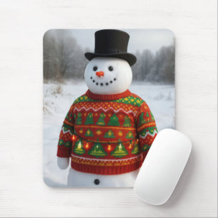 Mousepad Boneco de Neve de Natal Vestindo uma Suéter Feia