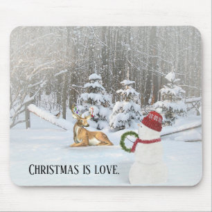 Mousepad Boneco de neve do Natal com os cervos em madeiras