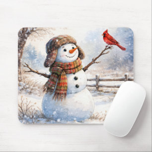 Mousepad Boneco de Neve Feliz Com Cardinal Vermelho