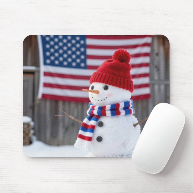 Mousepad Boneco de Neve Patriótico Com uma Bandeira America (Com mouse)