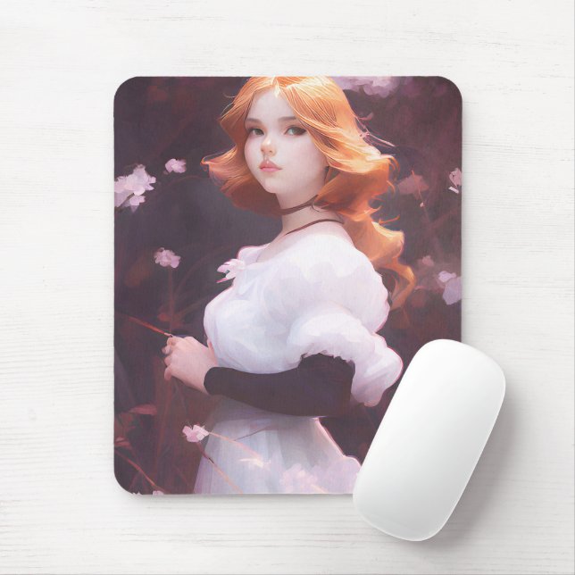 Mousepad Bonita Menina Entre Retrato De Flores Rosa (Com mouse)