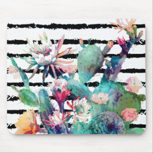 Mousepad Bonito aquarela cactus floral e listras design