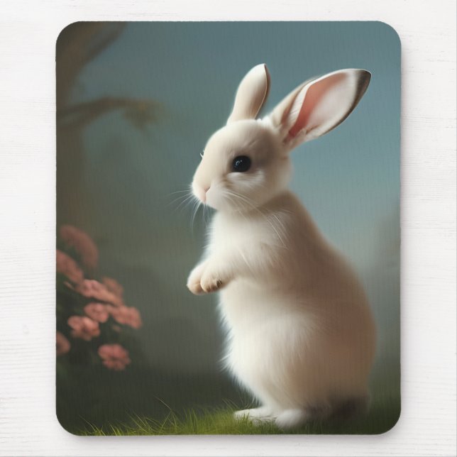 Mousepad Bonito coelho branco e Rosas (Frente)