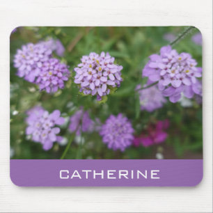 Mousepad bonito flores roxas do jardim, adicione seu nome