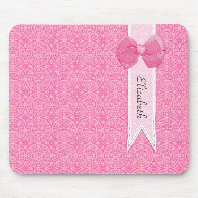 Mousepad Bonito Medalhão Rosa Damask Arco Bonito Com Nome (Frente)
